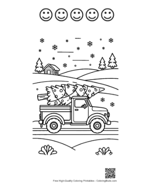 Thumbnail: Pickup Truck with a Christmas Tree in the Back Rustic Holiday Coloring Page Printable and 5 Happy Face Outline