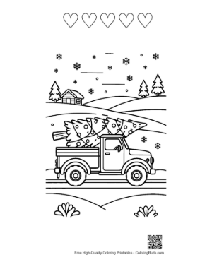 Thumbnail: Pickup Truck with a Christmas Tree in the Back Rustic Holiday Coloring Page Printable and 5 Heart Outline