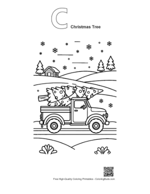 Thumbnail: Pickup Truck with a Christmas Tree in the Back Rustic Holiday Coloring Page Printable Outline Alphabet C Christmas Tree