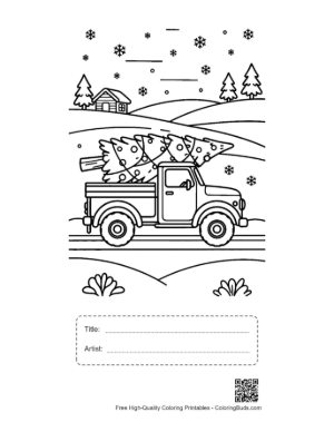 Thumbnail: Pickup Truck with a Christmas Tree in the Back Rustic Holiday Coloring Page Printable with Title and Artist Box