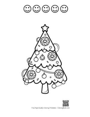 Thumbnail: Traditional Pine Christmas Tree with Classic Decorations Holiday Coloring Page Printable and 5 Happy Face Outline