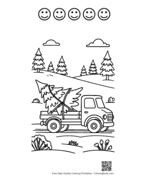 Thumbnail: Vintage Truck Carrying a Christmas Tree Through the Snow Winter Travel Coloring Printable and 5 Happy Face Outline