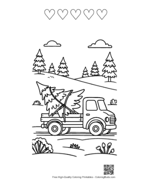 Thumbnail: Vintage Truck Carrying a Christmas Tree Through the Snow Winter Travel Coloring Printable and 5 Heart Outline