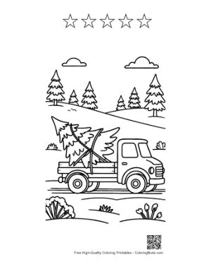 Thumbnail: Vintage Truck Carrying a Christmas Tree Through the Snow Winter Travel Coloring Printable and 5 Star Outline