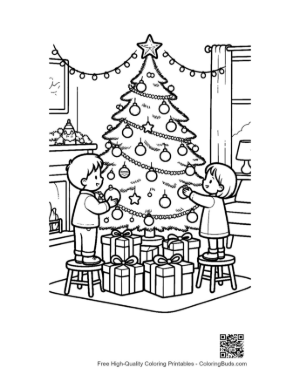 Thumbnail: Young Kids Putting Gifts Under the Christmas Tree Christmas Morning Coloring Sheet Printable