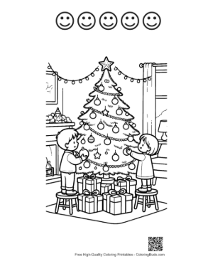 Thumbnail: Young Kids Putting Gifts Under the Christmas Tree Christmas Morning Coloring Sheet Printable and 5 Happy Face Outline