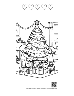 Thumbnail: Young Kids Putting Gifts Under the Christmas Tree Christmas Morning Coloring Sheet Printable and 5 Heart Outline