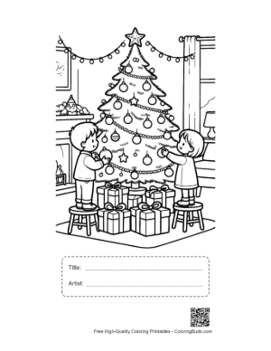 Thumbnail: Young Kids Putting Gifts Under the Christmas Tree Christmas Morning Coloring Sheet Printable with Title and Artist Box