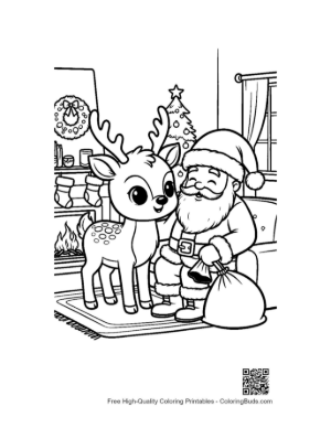 Thumbnail: Adorable Baby Reindeer with Santa Claus and His Gift Bag Winter Coloring Sheet Printable