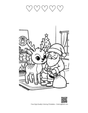Thumbnail: Adorable Baby Reindeer with Santa Claus and His Gift Bag Winter Coloring Sheet Printable and 5 Heart Outline