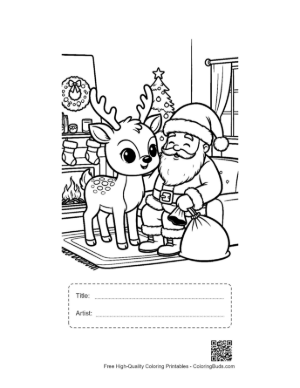 Thumbnail: Adorable Baby Reindeer with Santa Claus and His Gift Bag Winter Coloring Sheet Printable with Title and Artist Box