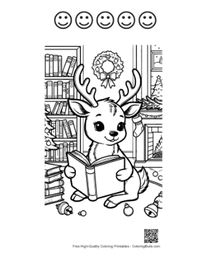 Thumbnail: Adorable Reindeer Calf Engrossed in a Book in the Library Cute Coloring Sheet Printable and 5 Happy Face Outline