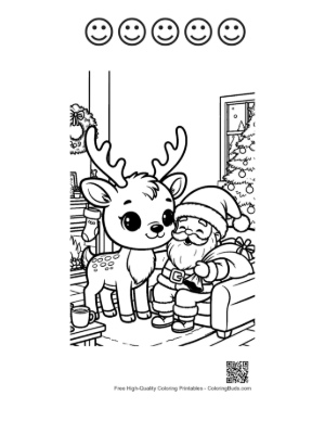 Thumbnail: Adorable Reindeer Calf Sitting with Santa by the Fire Holiday Story Coloring Printable and 5 Happy Face Outline