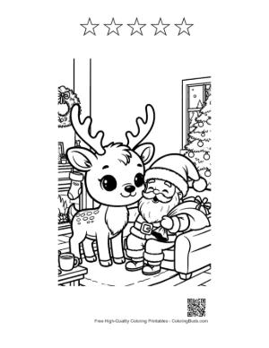 Thumbnail: Adorable Reindeer Calf Sitting with Santa by the Fire Holiday Story Coloring Printable and 5 Star Outline