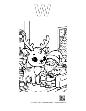 Thumbnail: Adorable Reindeer Calf Sitting with Santa by the Fire Holiday Story Coloring Printable Outline Alphabet W