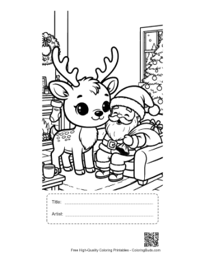 Thumbnail: Adorable Reindeer Calf Sitting with Santa by the Fire Holiday Story Coloring Printable with Title and Artist Box