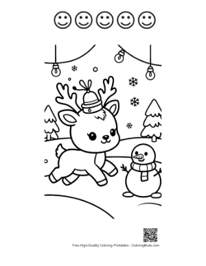 Thumbnail: Adorable Reindeer Calf Wearing a Winter Hat Outdoors Snow Coloring Page Printable and 5 Happy Face Outline