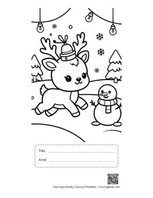 Thumbnail: Adorable Reindeer Calf Wearing a Winter Hat Outdoors Snow Coloring Page Printable with Title and Artist Box