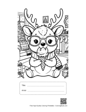 Thumbnail: Adorable Reindeer Sitting with a Giant Ice Cream Treat Winter Coloring Sheet Printable with Title and Artist Box
