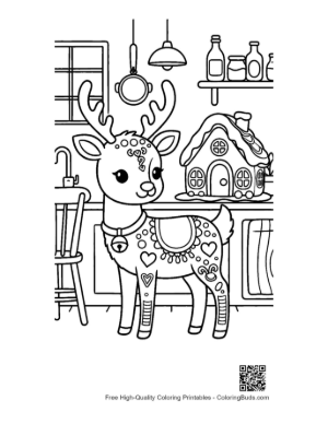 Thumbnail: Adorable Reindeer Wearing a Scarf in a Festive Kitchen Holiday Coloring Sheet Printable