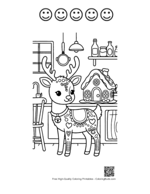 Thumbnail: Adorable Reindeer Wearing a Scarf in a Festive Kitchen Holiday Coloring Sheet Printable and 5 Happy Face Outline