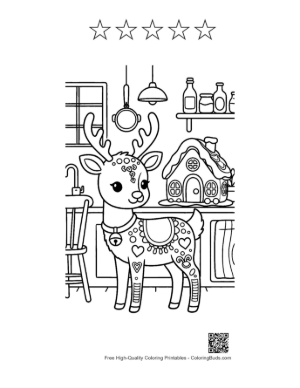 Thumbnail: Adorable Reindeer Wearing a Scarf in a Festive Kitchen Holiday Coloring Sheet Printable and 5 Star Outline