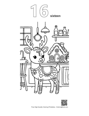 Thumbnail: Adorable Reindeer Wearing a Scarf in a Festive Kitchen Holiday Coloring Sheet Printable Outline Number 16