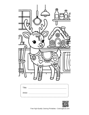 Thumbnail: Adorable Reindeer Wearing a Scarf in a Festive Kitchen Holiday Coloring Sheet Printable with Title and Artist Box