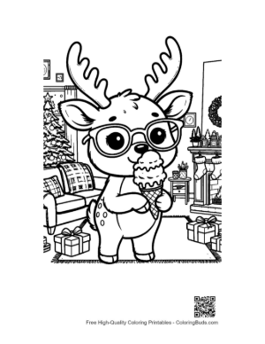 Thumbnail: Baby Reindeer Eating an Ice Cream Cone Near the Christmas Tree Holiday Coloring Printable