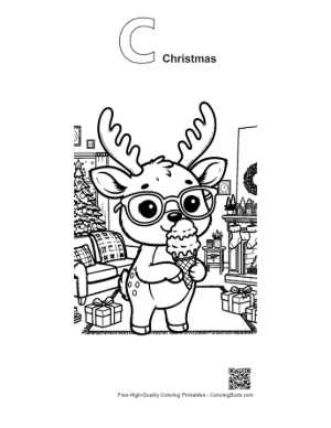 Thumbnail: Baby Reindeer Eating an Ice Cream Cone Near the Christmas Tree Holiday Coloring Printable Outline Alphabet C Christmas