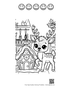 Thumbnail: Baby Reindeer in a Cozy Kitchen During the Holidays Winter Coloring Activity Printable and 5 Happy Face Outline