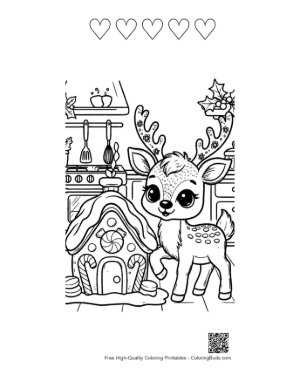 Thumbnail: Baby Reindeer in a Cozy Kitchen During the Holidays Winter Coloring Activity Printable and 5 Heart Outline