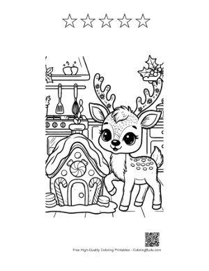 Thumbnail: Baby Reindeer in a Cozy Kitchen During the Holidays Winter Coloring Activity Printable and 5 Star Outline