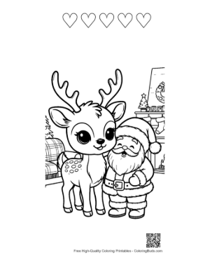 Thumbnail: Baby Reindeer Meeting Santa Claus in a Snowy Village Christmas Coloring Page Printable and 5 Heart Outline