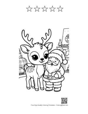 Thumbnail: Baby Reindeer Meeting Santa Claus in a Snowy Village Christmas Coloring Page Printable and 5 Star Outline