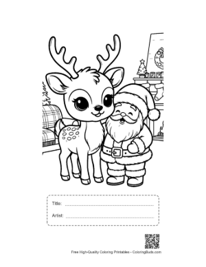 Thumbnail: Baby Reindeer Meeting Santa Claus in a Snowy Village Christmas Coloring Page Printable with Title and Artist Box