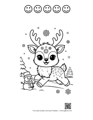 Thumbnail: Baby Reindeer Playing in the Snow with a Tiny Snowman Winter Coloring Sheet Printable and 5 Happy Face Outline