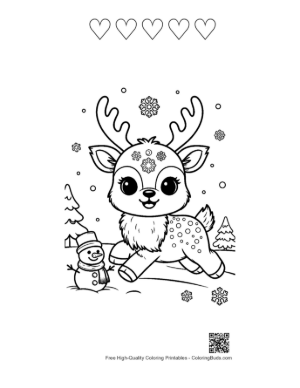 Thumbnail: Baby Reindeer Playing in the Snow with a Tiny Snowman Winter Coloring Sheet Printable and 5 Heart Outline
