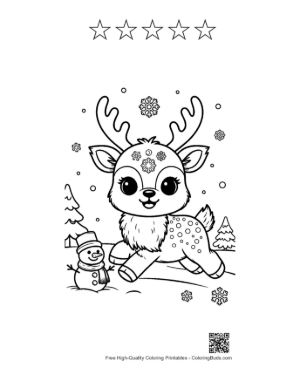 Thumbnail: Baby Reindeer Playing in the Snow with a Tiny Snowman Winter Coloring Sheet Printable and 5 Star Outline
