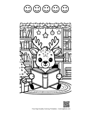 Thumbnail: Baby Reindeer Reading a Festive Book by the Fireplace Cozy Winter Coloring Printable and 5 Happy Face Outline
