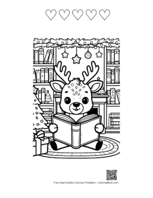 Thumbnail: Baby Reindeer Reading a Festive Book by the Fireplace Cozy Winter Coloring Printable and 5 Heart Outline