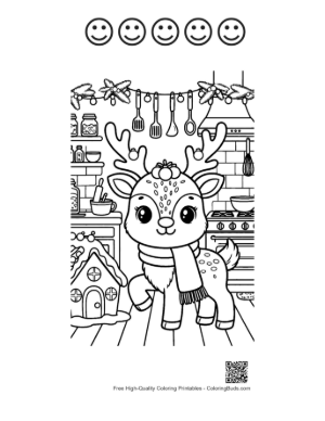 Thumbnail: Cheerful Reindeer Standing Near a Table of Christmas Treats Holiday Coloring Printable and 5 Happy Face Outline