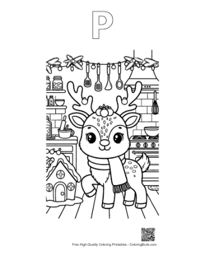 Thumbnail: Cheerful Reindeer Standing Near a Table of Christmas Treats Holiday Coloring Printable Outline Alphabet P