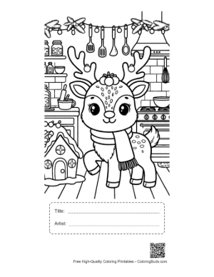 Thumbnail: Cheerful Reindeer Standing Near a Table of Christmas Treats Holiday Coloring Printable with Title and Artist Box