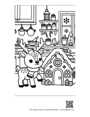 Thumbnail: Cute Baby Reindeer Standing by a Gingerbread House Christmas Kitchen Coloring Page Printable