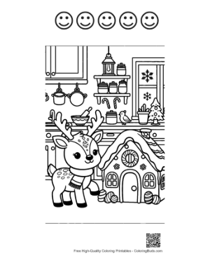 Thumbnail: Cute Baby Reindeer Standing by a Gingerbread House Christmas Kitchen Coloring Page Printable and 5 Happy Face Outline