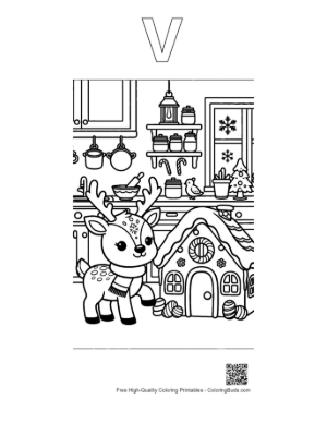 Thumbnail: Cute Baby Reindeer Standing by a Gingerbread House Christmas Kitchen Coloring Page Printable Outline Alphabet V