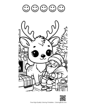 Thumbnail: Cute Reindeer and Santa Claus Celebrating Together Festive Holiday Coloring Printable and 5 Happy Face Outline