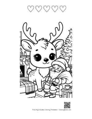 Thumbnail: Cute Reindeer and Santa Claus Celebrating Together Festive Holiday Coloring Printable and 5 Heart Outline