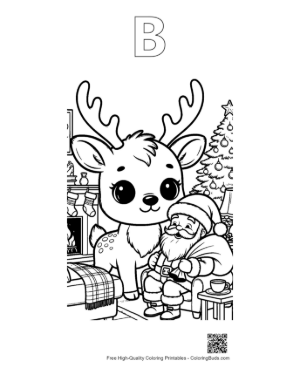 Thumbnail: Cute Reindeer and Santa Claus Celebrating Together Festive Holiday Coloring Printable Outline Alphabet B